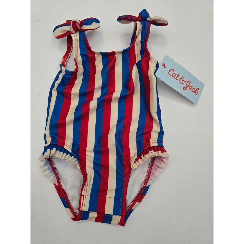 Cat & Jack Girls One Piece Swimsuit Red White Blue Striped UPF 50+ NWT 0-3M